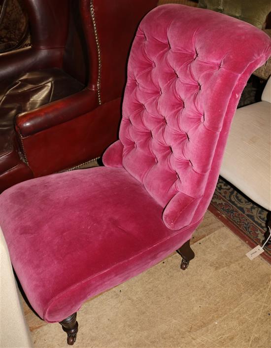 Victorian walnut nursing chair upholstered in buttoned rose pink velvet